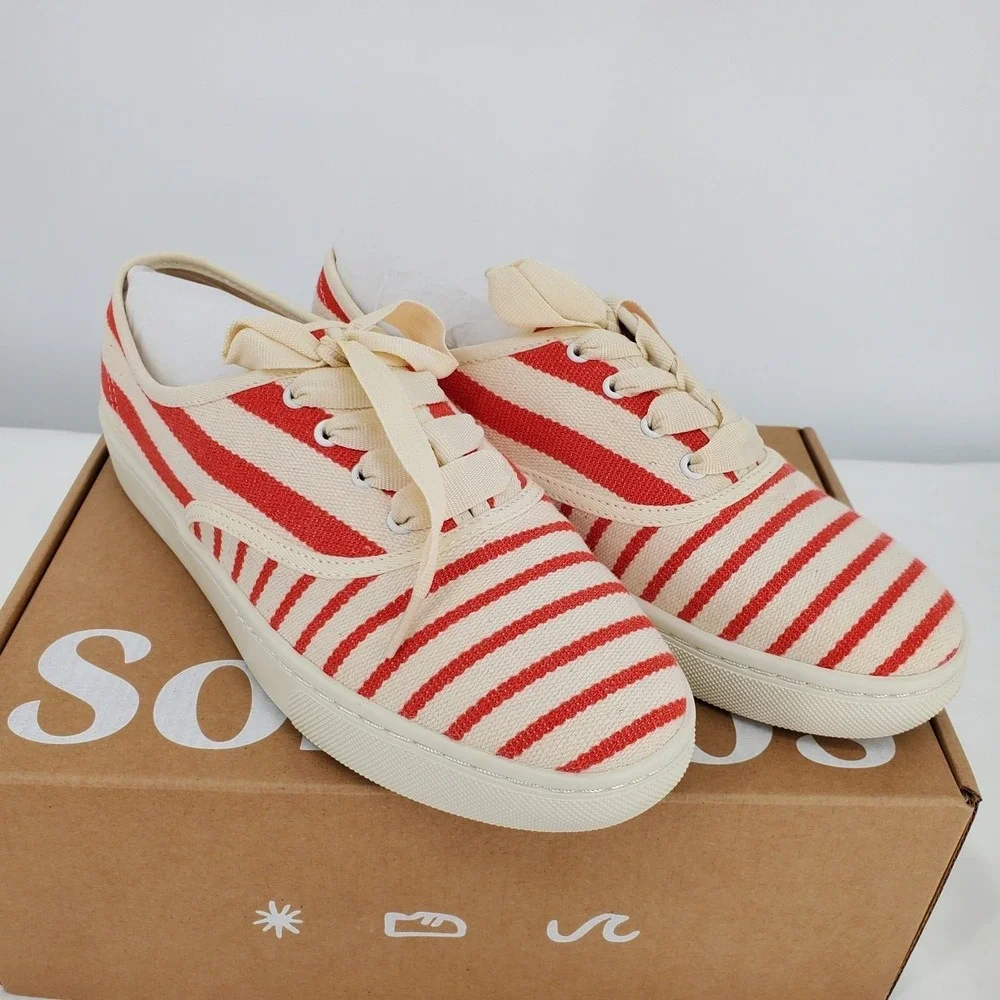 Soludos Marin Stripe Canvas Sneaker Womens 7.5 Poppy Red Cream Lace Up Round Toe